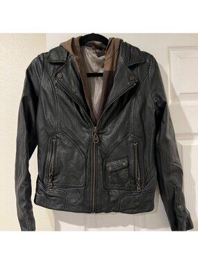 Doma Leather Bomber Jacket Black Zip Up Detachable Fabric Hood Size Small